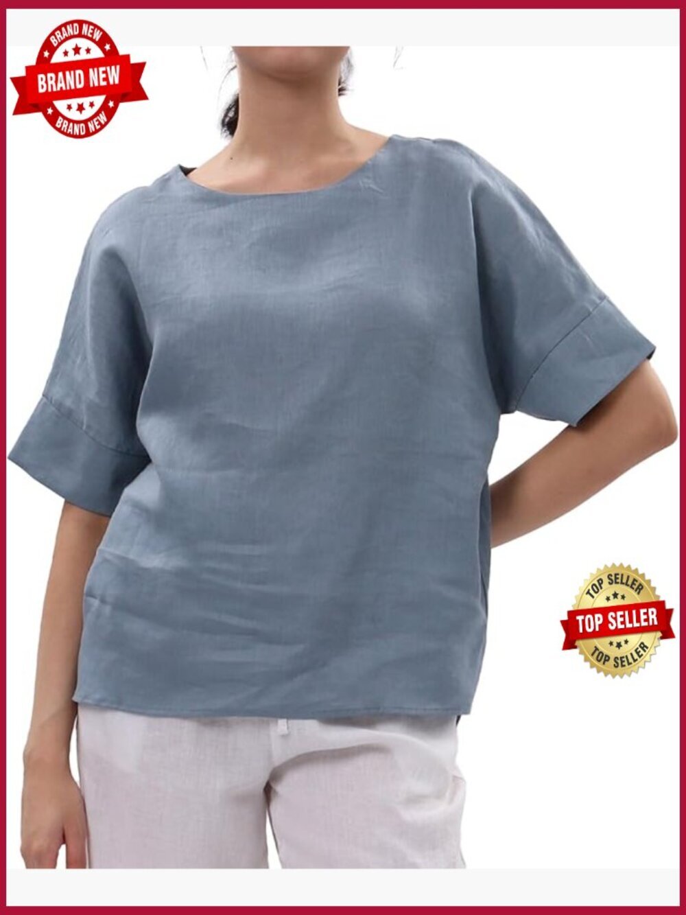100% Linen Blouse Crewneck Short Sleeve Loose Fit Summer